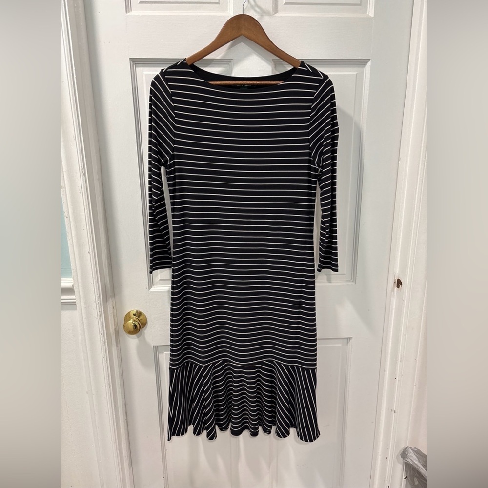 Lauren Ralph Lauren Striped Dress Size M 3/4 Sleeve Midi Length Black/White